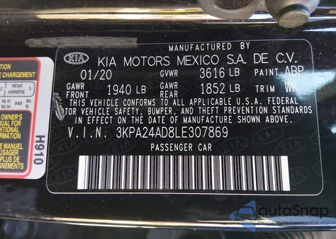 2020 Kia Rio S z USA, uszkodzony, nr VIN 3KPA24AD8LE307869